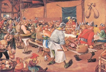 The Asterix version of the Belgian feast, complete with boar meat and Dogmatix/Idéfix licking a plate under Obelix’s seat